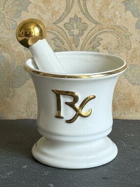 Vintage 1950’s Blair Specialties Signed Ceramic Mortar & Pestle Gold Rx Accent